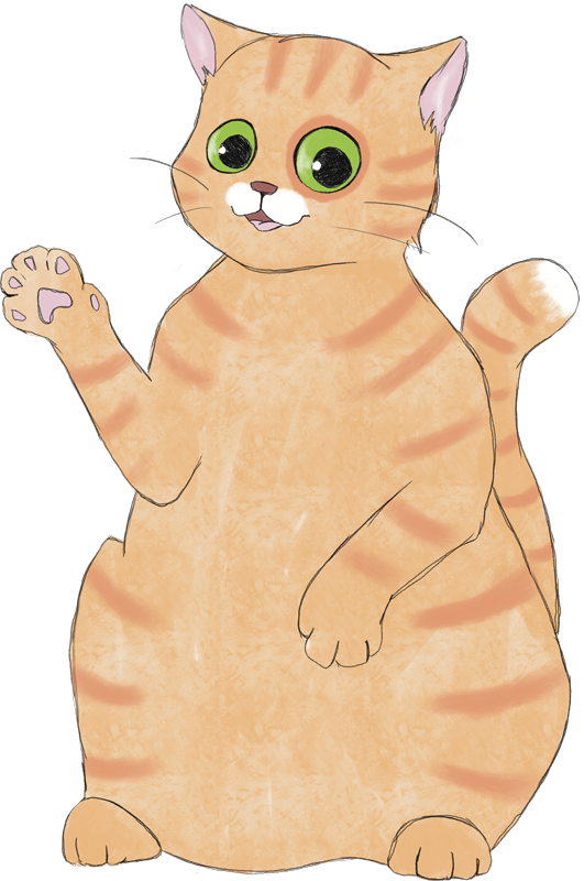Illustration des Maskottchens Fabuliuns: Eine orange-getigerte Katze mit großen grünen Augen, die fröhlich winkt.